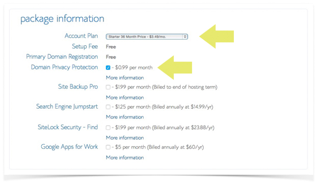 STEP 3. Choose the Package Details - Backup - Privacy - Account Plan - Blue Host - A Very Scandi Guide to Creating Your Own Blog | Scandinavia Standard