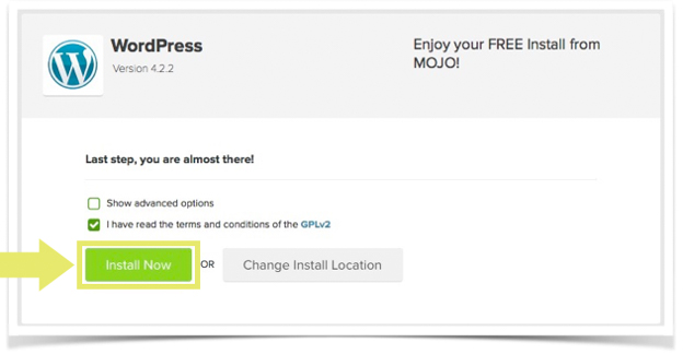 STEP 7. Installing WordPress - Last Step - Install Now - Terms and Conditions - MOJO expert - Blue Host - A Very Scandi Guide to Creating Your Own Blog | Scandinavia Standard