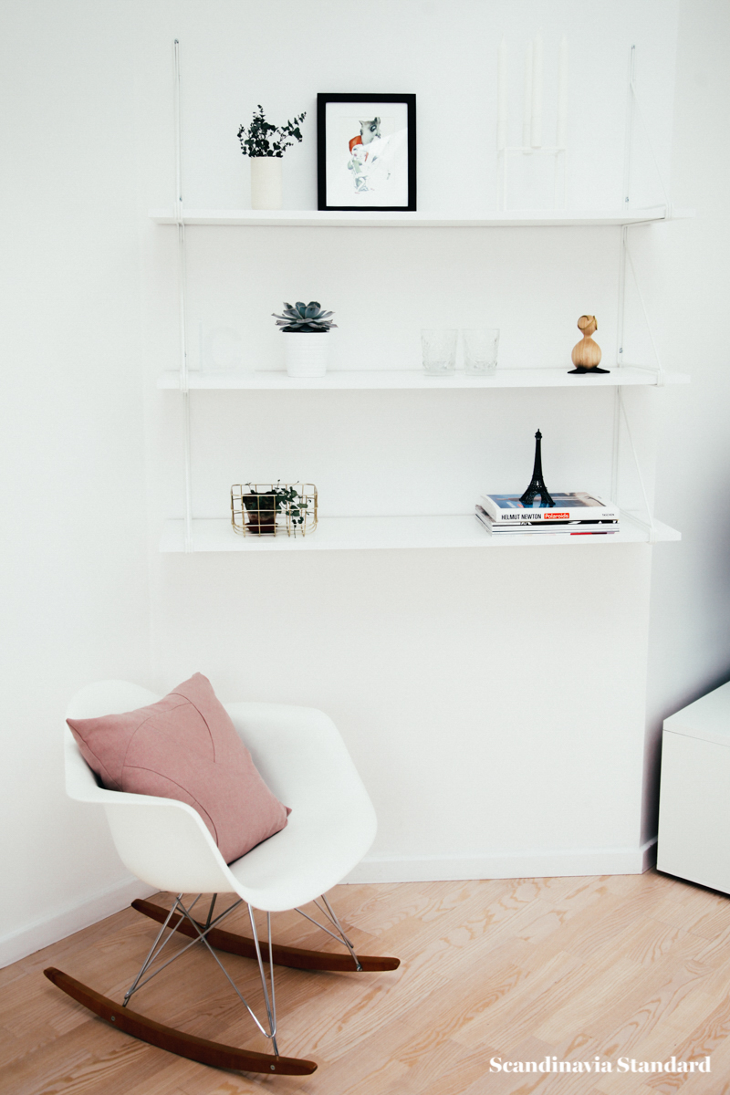 The White Room - Christina & Ulrich's Østerbro Apartment - Interiors - Rocking Chair & White Shelves | Scandinavia Standard