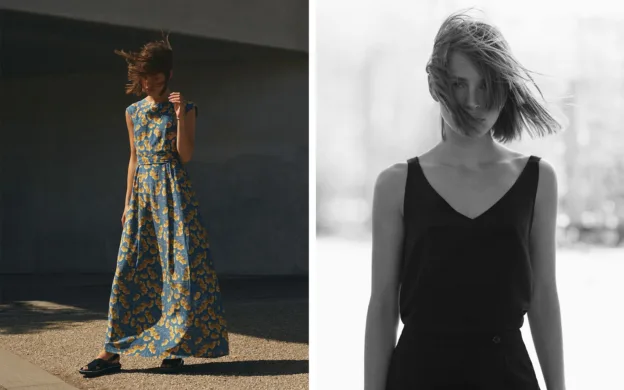 Two pictures of a woman in a black dress and a woman in a yellow dress.