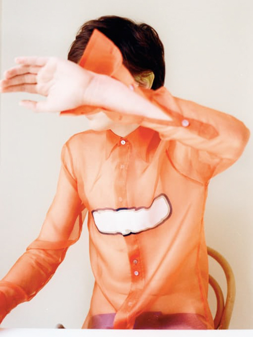 LAZOSCHMIDL orange sheer shirt fuck yeah