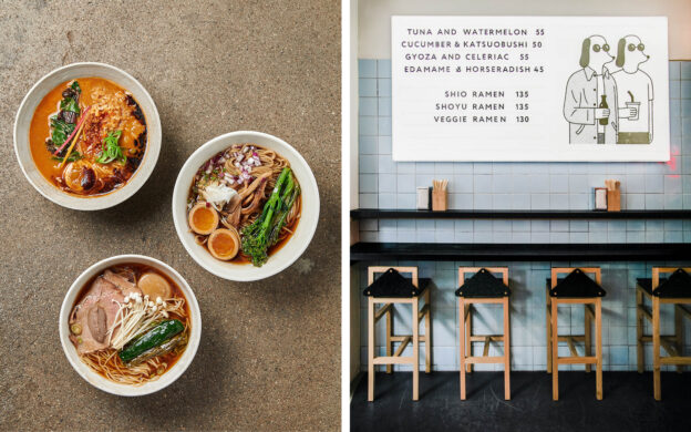 Two pictures of a restaurant with bowls of food and stools.