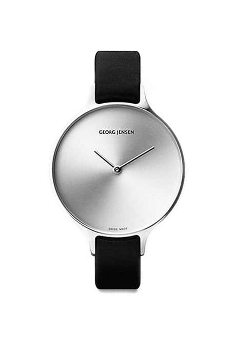 A silver and black watch on a white background.