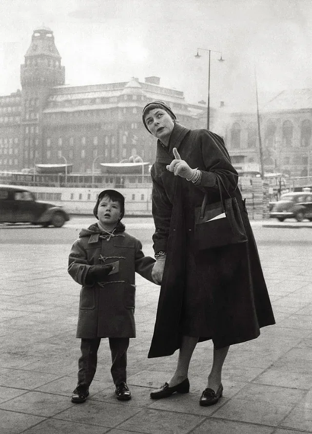 Ingrid Bergman strolling with son Roberto Rossellini Jr. in Stockholm in the 1950s.