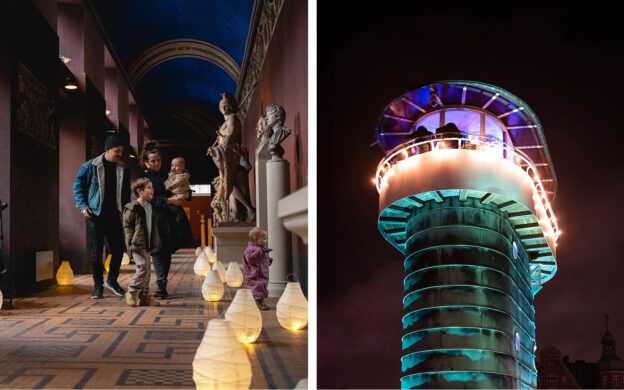Two pictures of a man and a woman standing in front of a tower.