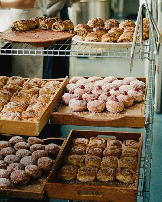 A rack of pastries in a bakery in Copenhagen.