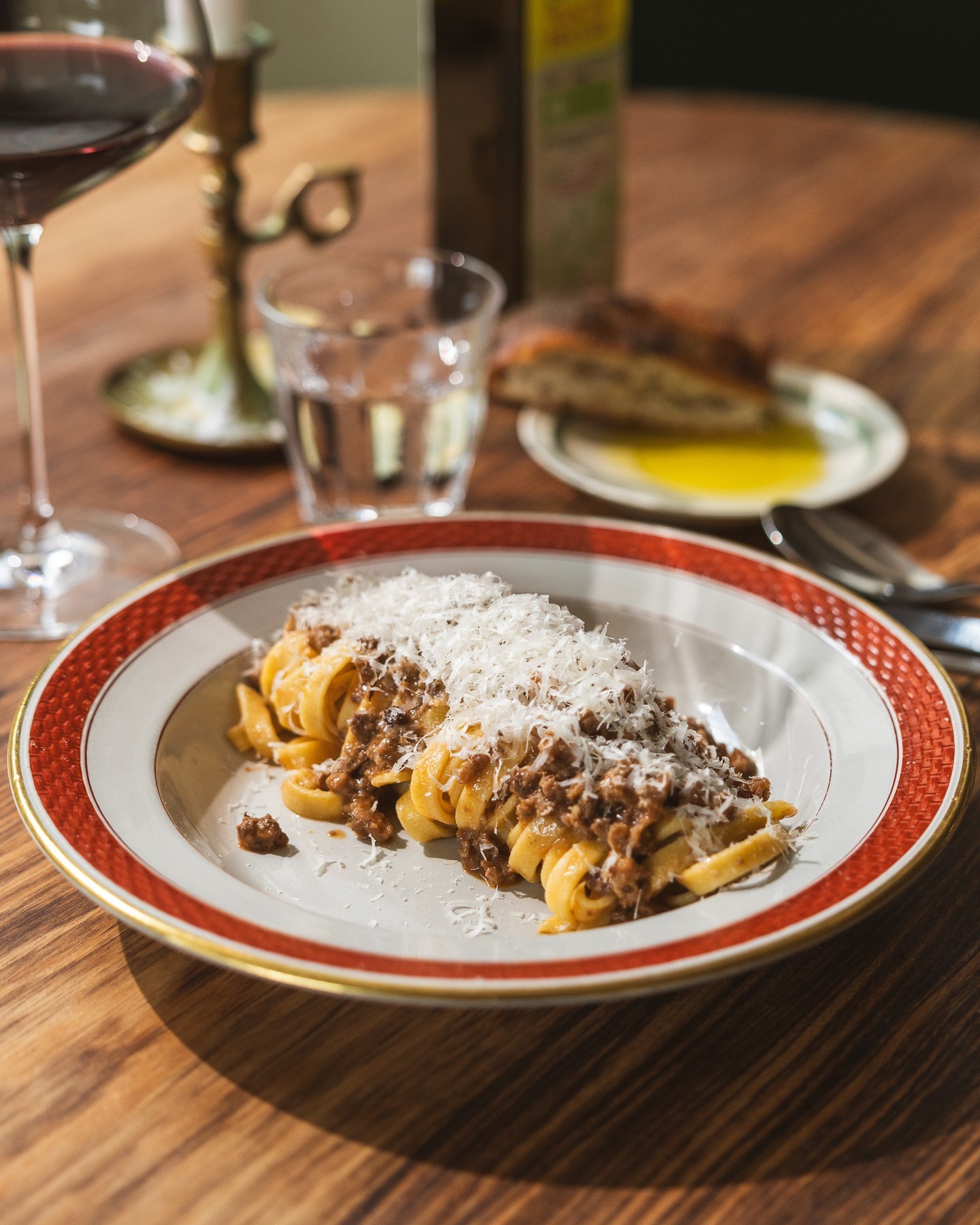 A plate of pasta on a table at a Copenhagen restaurant.