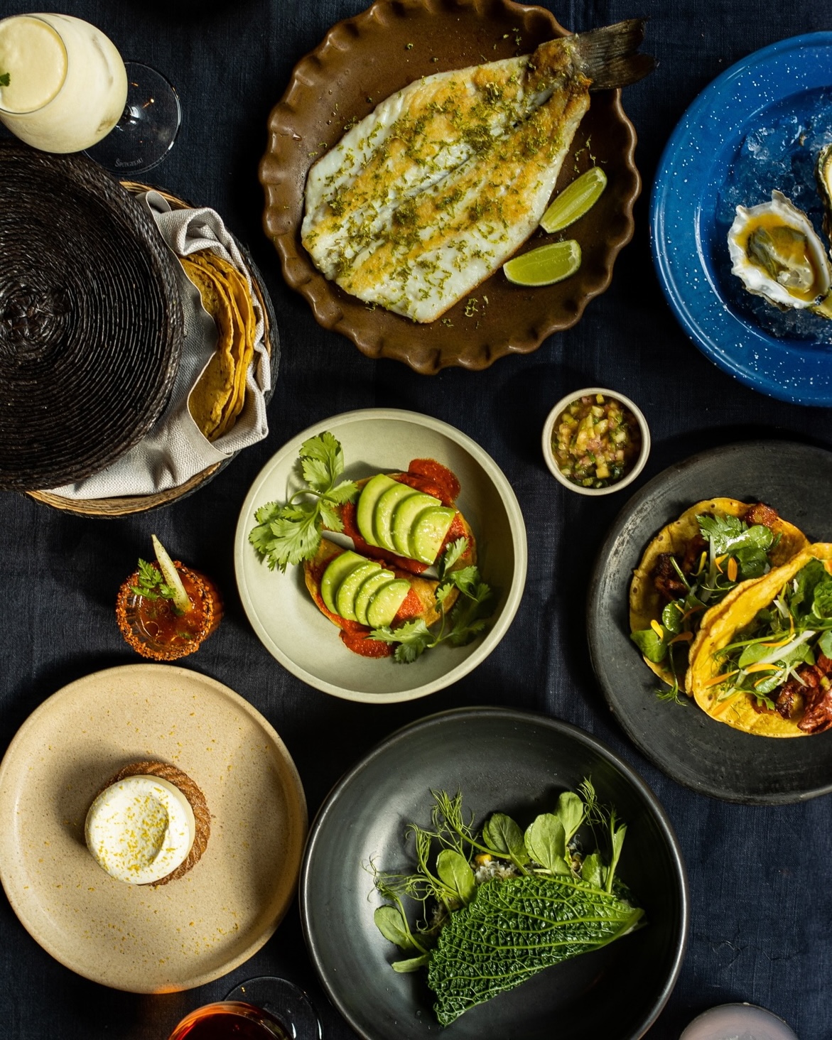 A table with plates of food and drinks at Copenhagen restaurants.