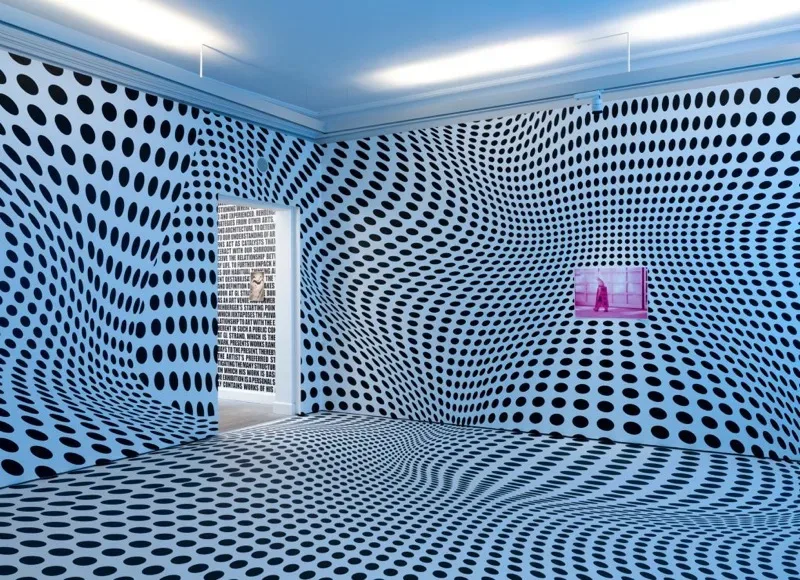 A room with black and white dots on the walls.