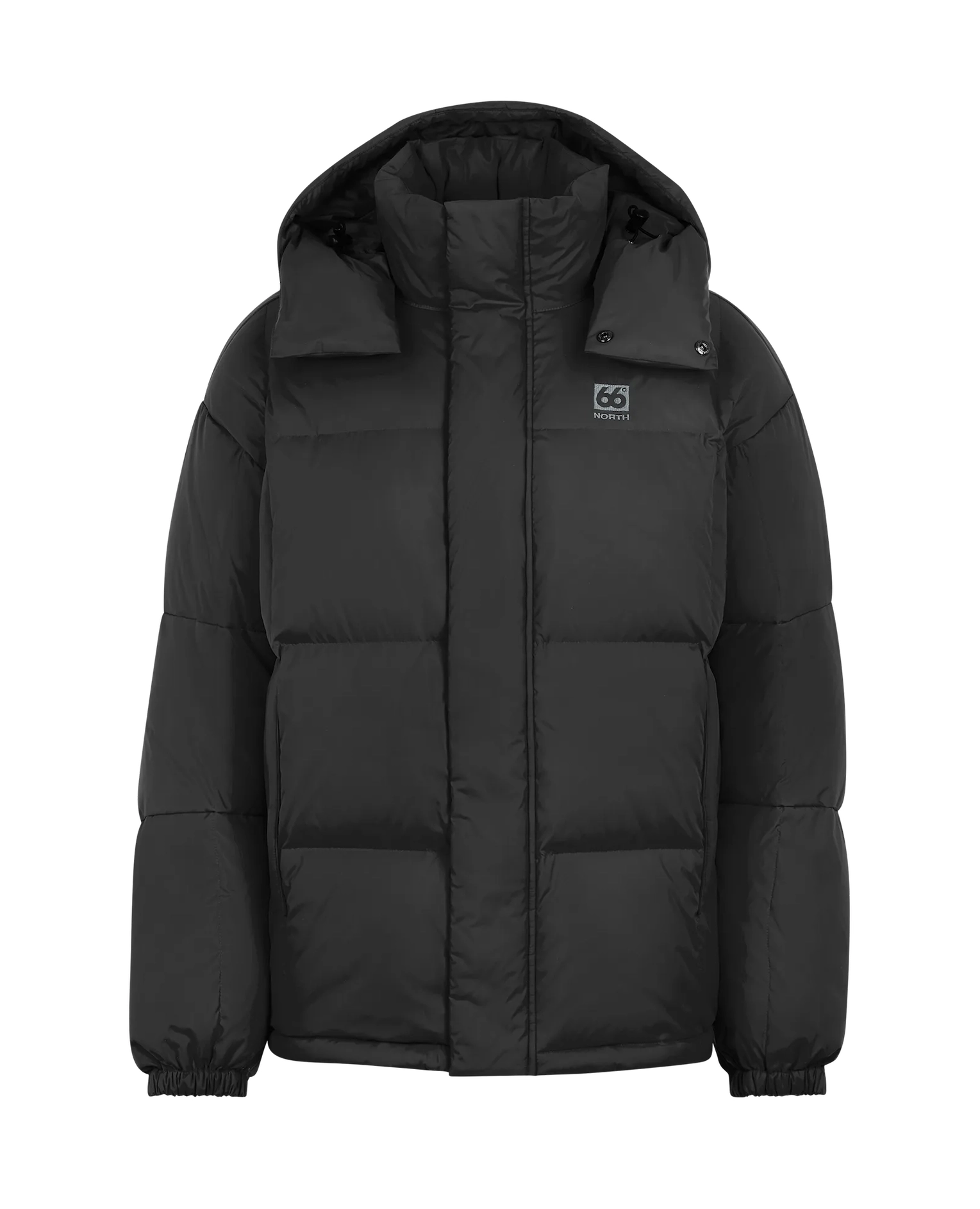 A black puffer coat with hood.