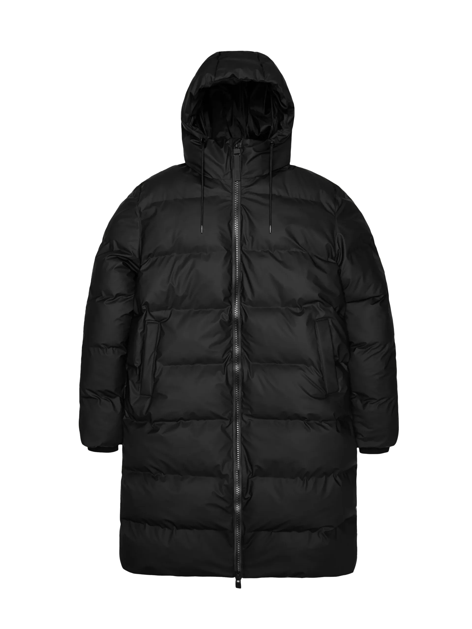 A black puffer coat with a hood on a white background.