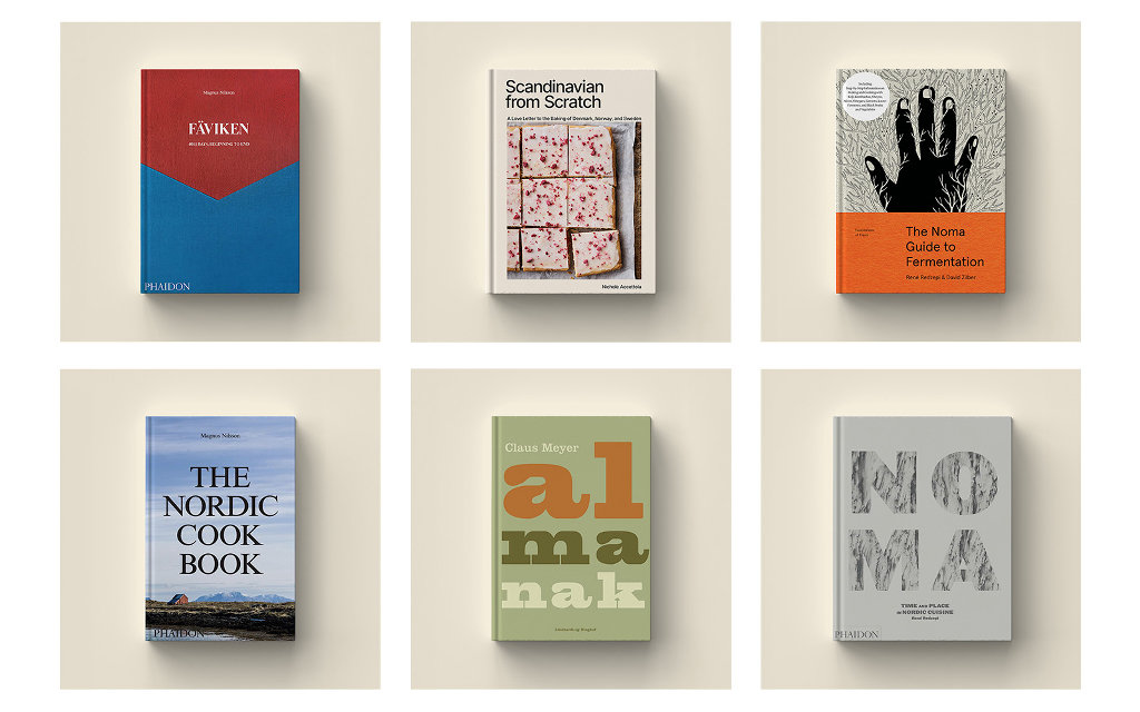 A grid of six Nordic-themed cookbooks displayed on a beige background.