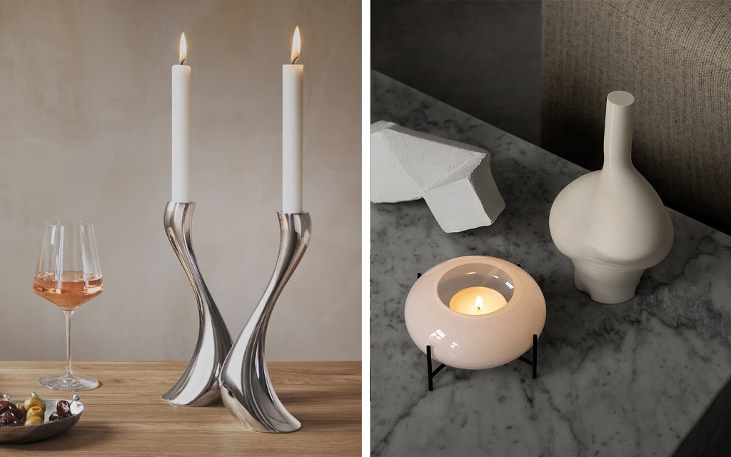 Left: Two tall silver candle holders with lit candles beside a glass of wine and snacks. Right: Round candle holder with a lit candle and ceramic vase on a marble surface.